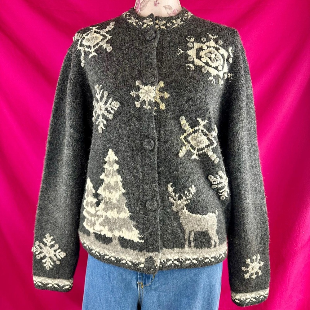 Vintage Woolrich Wool Cardigan Winter‎ Scene Gray Grey 3D Snowflake Womens L 90s